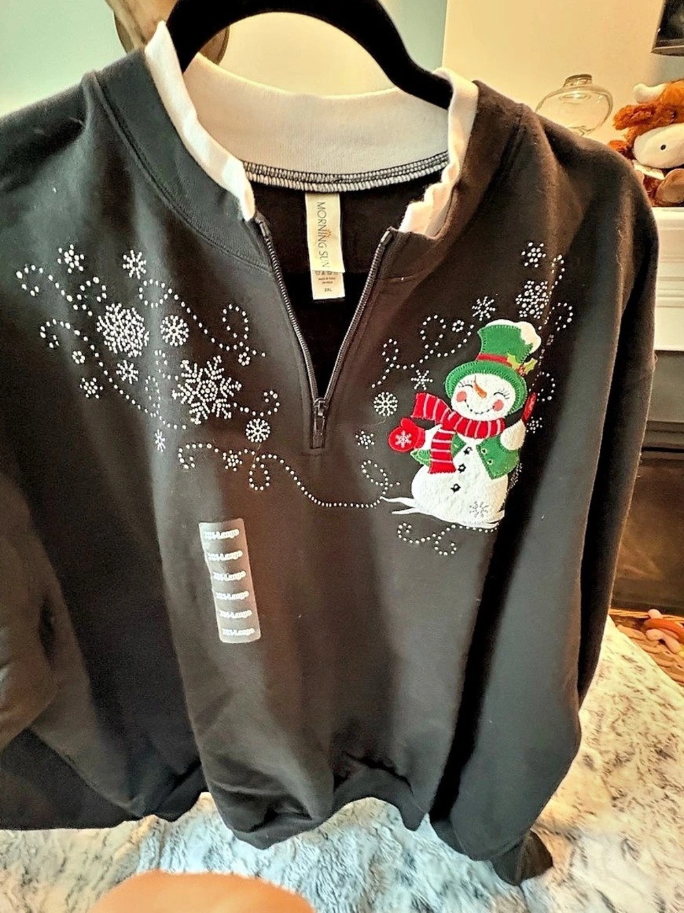 NWOT Morning Sun 2XL Christmas Sweatshirt Quarter Zip Snowman Rhinestones Black